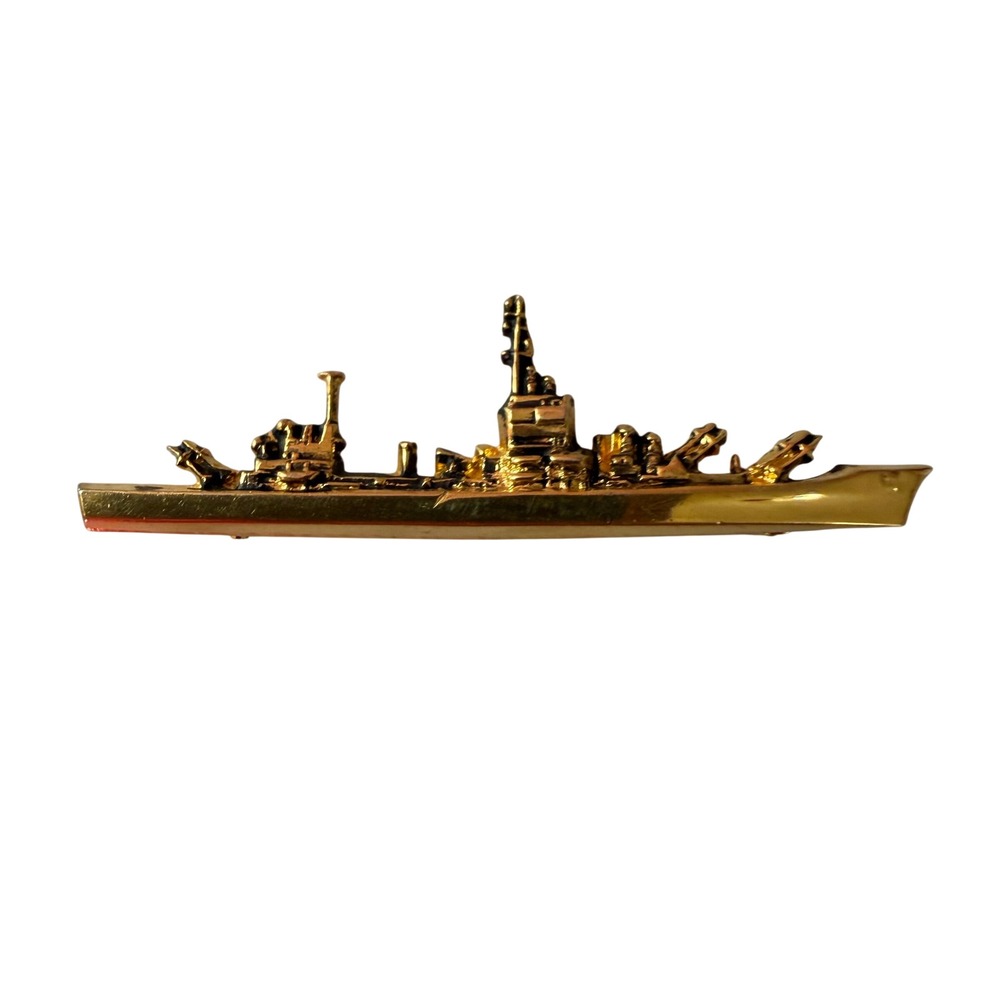 Gold Tone Military Battleship Warship Boat Pin Brooch 1.75 Inch Navy Nautical